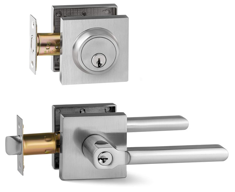 Berlin Modisch Entry Lever Door Handle and Single Cylinder Deadbolt Lock and Key Slim Square Locking Lever Handle Set [Front Door or Office] Right & Left Sided Doors Heavy Duty â€“ Satin Nickel Finish - Image 1